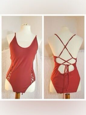 NWOT Xhilaration Reddish Orange One Piece with Lace Design and Adjustable back
